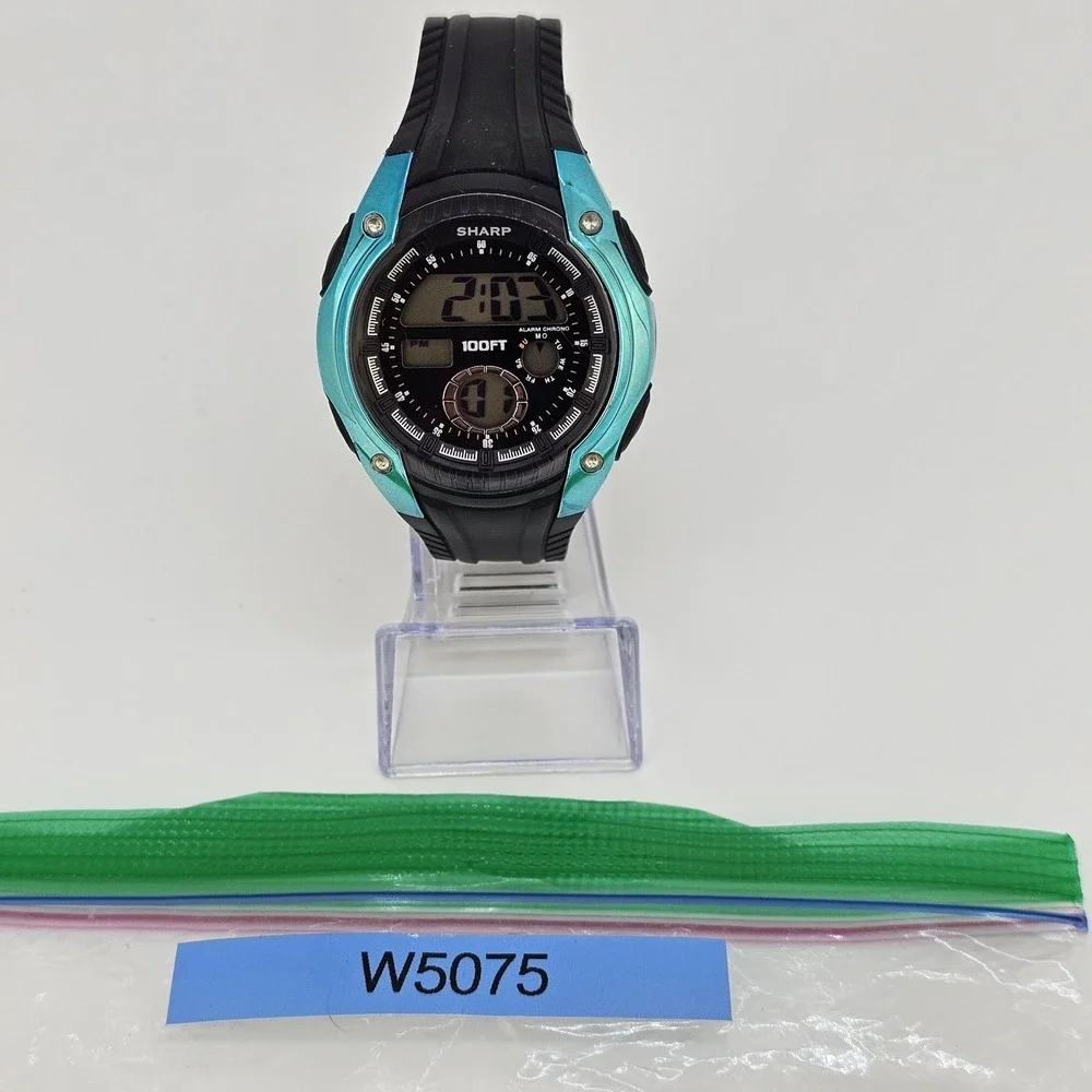 Sharp Men's Digital Watch 45MM Black Plastic Bands‎ New Battery LIGHT VERY WEAK